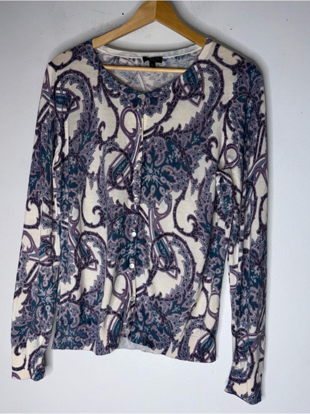 Talbots Silk Cotton Purple Paisley Print Button Down Cardigan Medium